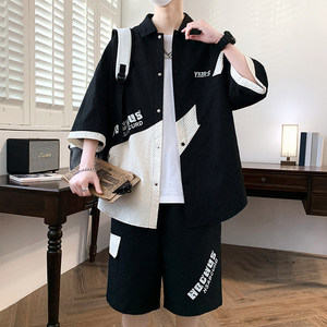 TZ24316-特P55衬衫套装男夏季潮休闲短袖短裤青少年潮牌痞帅男图片