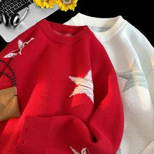 M505-特P55 美式复古星星破洞毛衣男女秋冬新款宽松慵懒针织衫图片