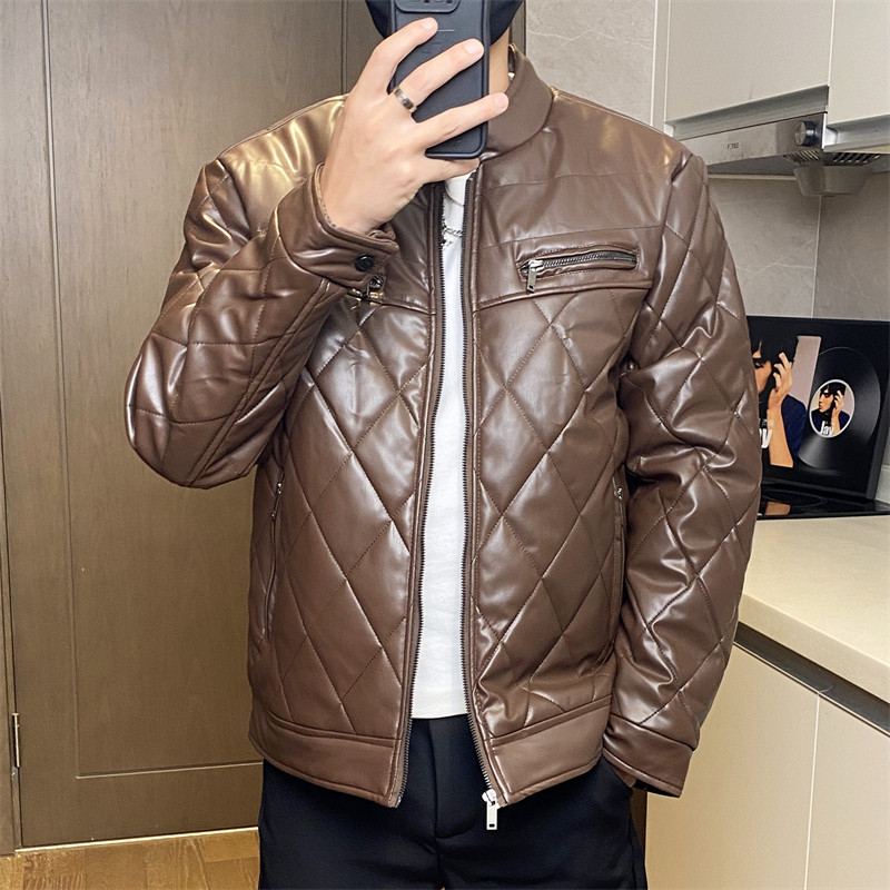 68708-P115菱形格高级感PU皮棉服男保暖防风机车棉衣工装棉袄潮,男装皮衣,电商D310B