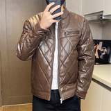 68708-P115菱形格高级感PU皮棉服男保暖防风机车棉衣工装棉袄潮，男装皮衣，电商D310B