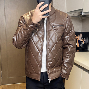 68708-P115菱形格高级感PU皮棉服男保暖防风机车棉衣工装棉袄潮图片