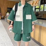 84315-特P55薄款套装男潮流痞帅休闲拼色短袖衬衫短裤两件套男装，男装休闲套装，电商D310B