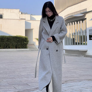 MY/冬新款灰色双面羊绒大衣长款过膝宽松系带双排扣羊毛呢子外套