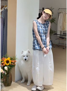夏日绝美俏皮小套装甜美减龄无袖格子背心高腰显瘦弯刀裤两件套潮