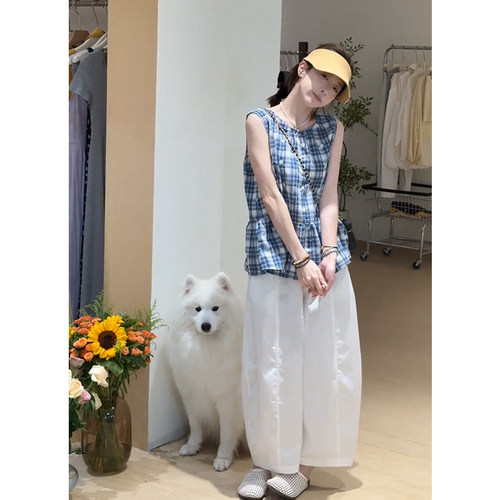 无袖格子背心高腰显瘦弯刀裤套装
