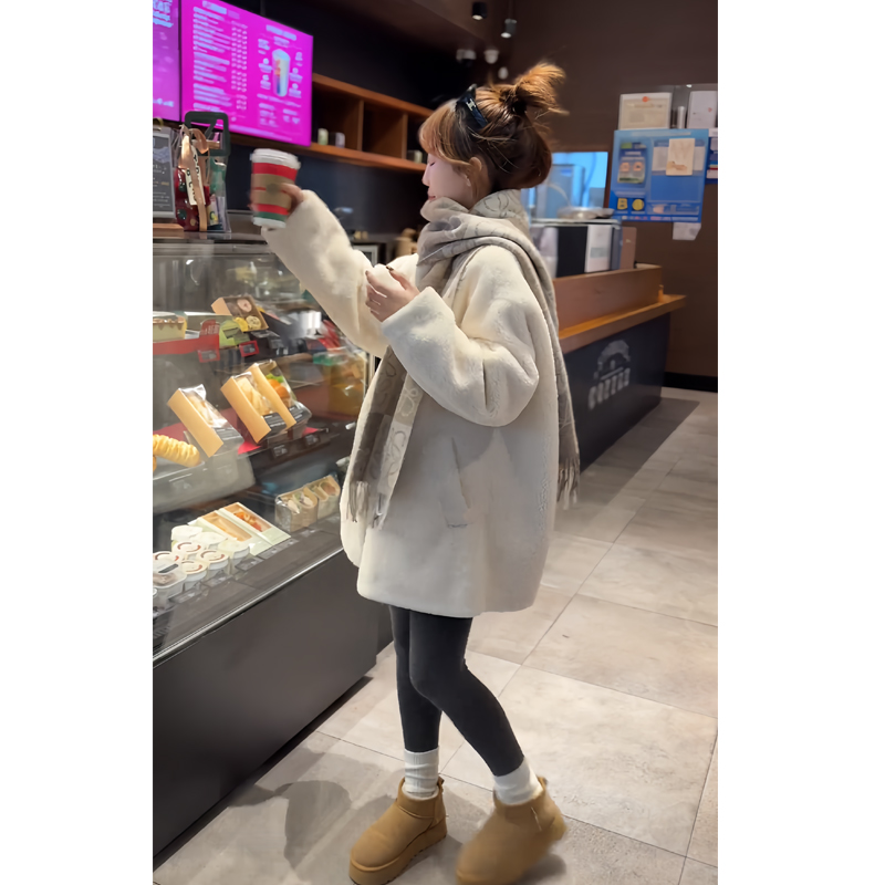 毛绒外套百搭软糯大衣打底裤套装