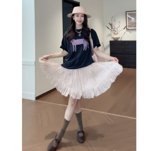 独特漂亮夏装两件套甜美套头印花短袖T恤温柔不规则压褶短裙套装
