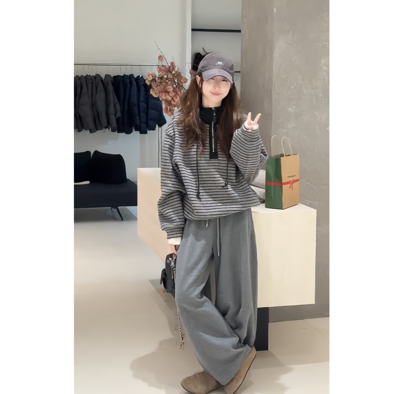 复古条纹长袖加厚卫衣阔腿裤套装