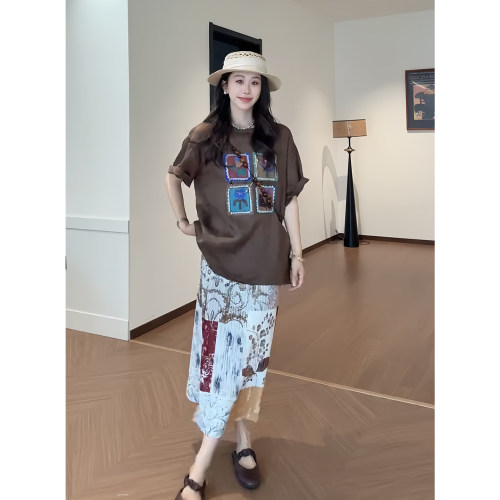 夏季卡通印花T恤半身裙两件套女