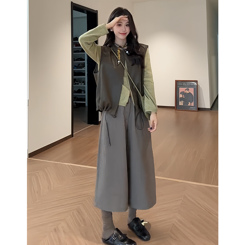叠穿套装针织开衫马甲阔腿裤套装