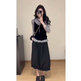 T恤吊带上衣秋宽松显瘦半身裙叠穿套装 姐系贵感套装 韩系波点长袖