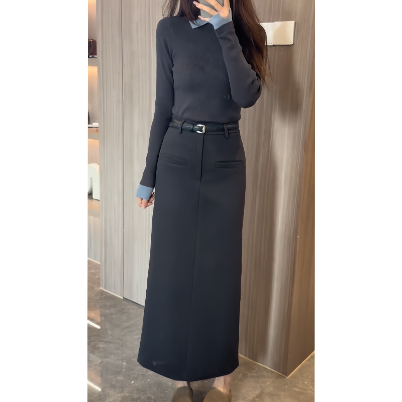 简约百搭针织衫上衣直筒裙两件套