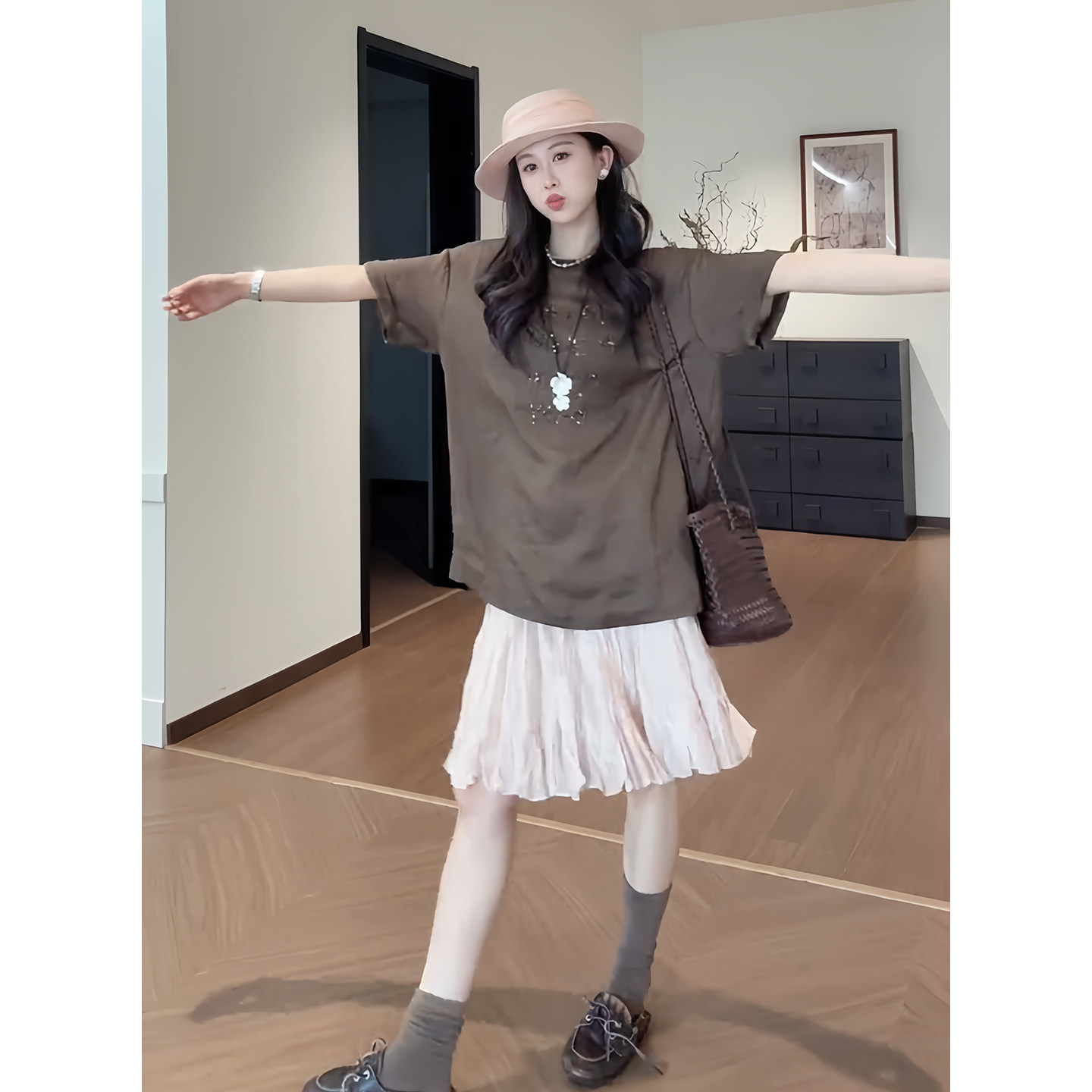 韩风chic一整套慵懒风圆领宽松短袖T恤女夏季网纱压褶半身裙套装