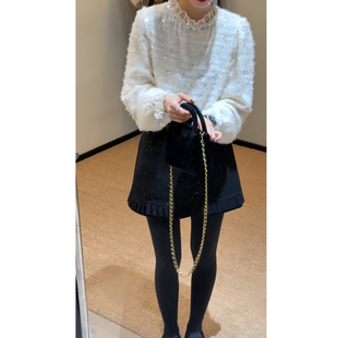 高级感绝美套装秋冬小个子蕾丝拼接打底小衫显瘦亮片半身裙两件套