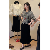 韩系早秋穿搭一整套气质减龄时尚 丝绒半身裙两件套女 格子花边衬衫