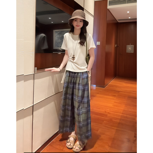 夏季韩系复古女T恤格子阔腿套装