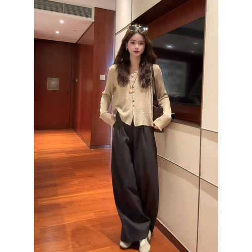 秋季老钱风针织开衫阔腿裤女套装
