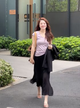 独特漂亮绝美小套装紫色上衣黑色半身裙套装女夏高级感百搭两件套