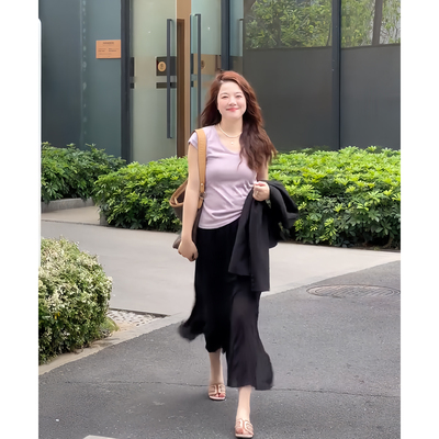 春夏都市风紫色黑裙两件套高级感