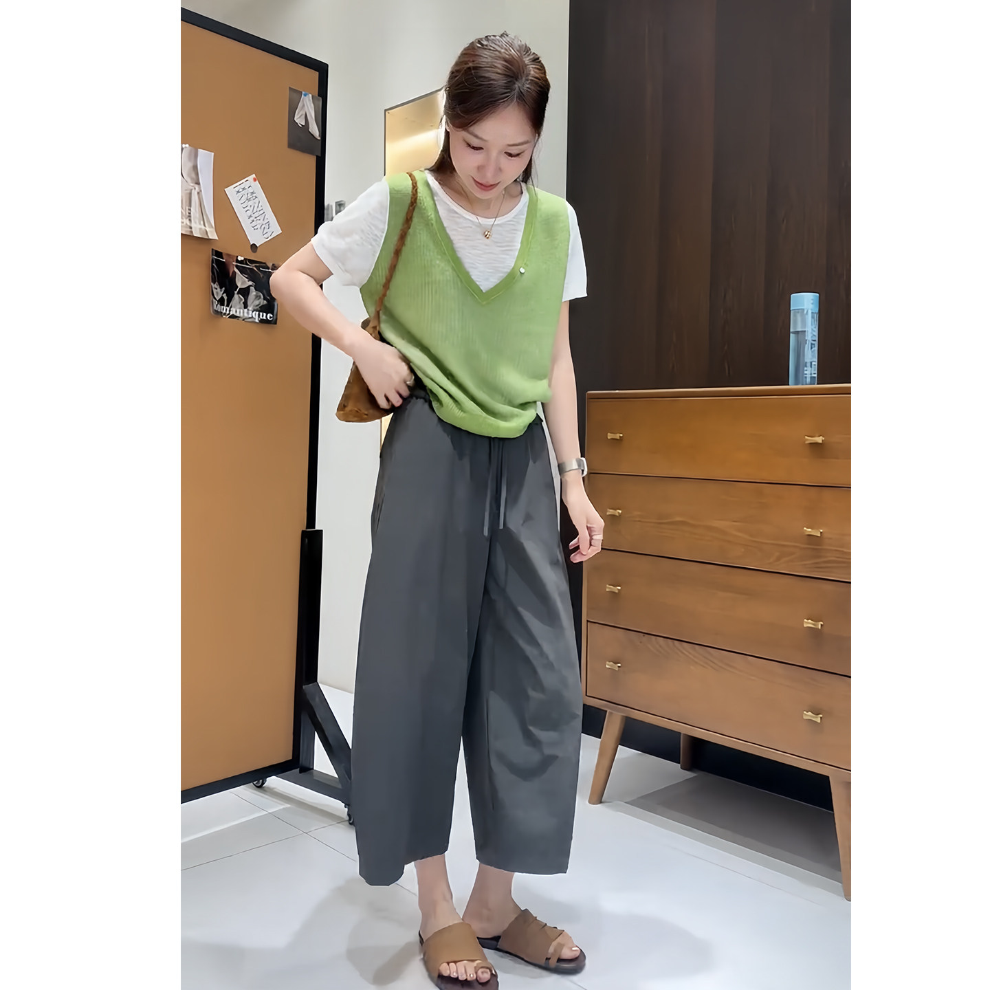 韩系chic巨好看套装多巴胺绿色假两件短袖针织衫显瘦休闲裤两件套
