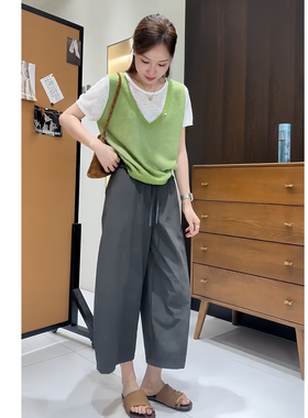 韩系chic巨好看套装多巴胺绿色假两件短袖针织衫显瘦休闲裤两件套