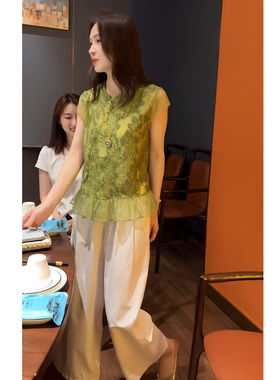 新中式国风套装高级感绿色上衣女夏季直筒休闲裤两件套时尚搭配
