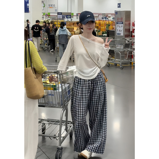 夏天绝美小套装慵懒风格子阔腿裤套装宽松显瘦长袖上衣防晒两件套