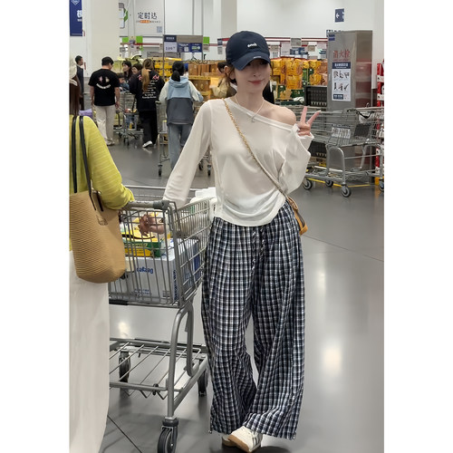 夏天慵懒风格子阔腿裤两件套女