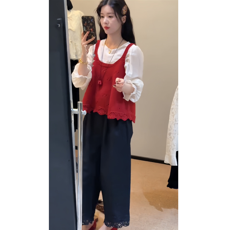针织背心马甲气质衬衫阔腿裤套装