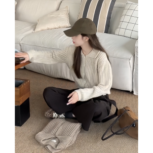 轻熟高知穿搭一整套慵懒风初秋polo领针织衫女软糯上衣阔腿裤套装