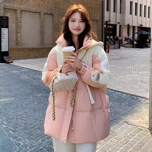 粉色短款连帽羽绒棉服女2026冬韩版ins小个子宽松学生面包服棉衣