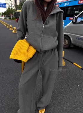 BF秋冬新款时尚百搭连帽拉链短外套上衣高腰阔腿休闲裤磨毛套装女