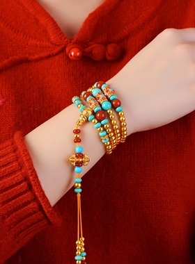 古法108颗多圈手链红蓝设计款降魔杵彩石佛珠项链古法长链高保色