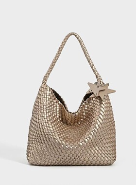 原创设计秋冬香槟色编织托特包大容量通勤手提单肩包女时尚