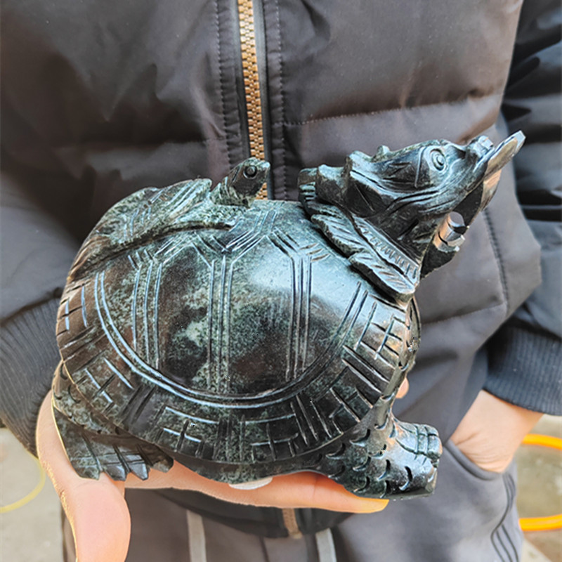 天然独山玉龙龟摆件黑玉石独玉子母龟工艺品现代家居客厅简约礼物