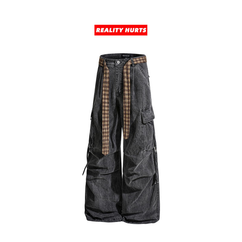 配格纹腰带宽松休闲阔腿工装裤