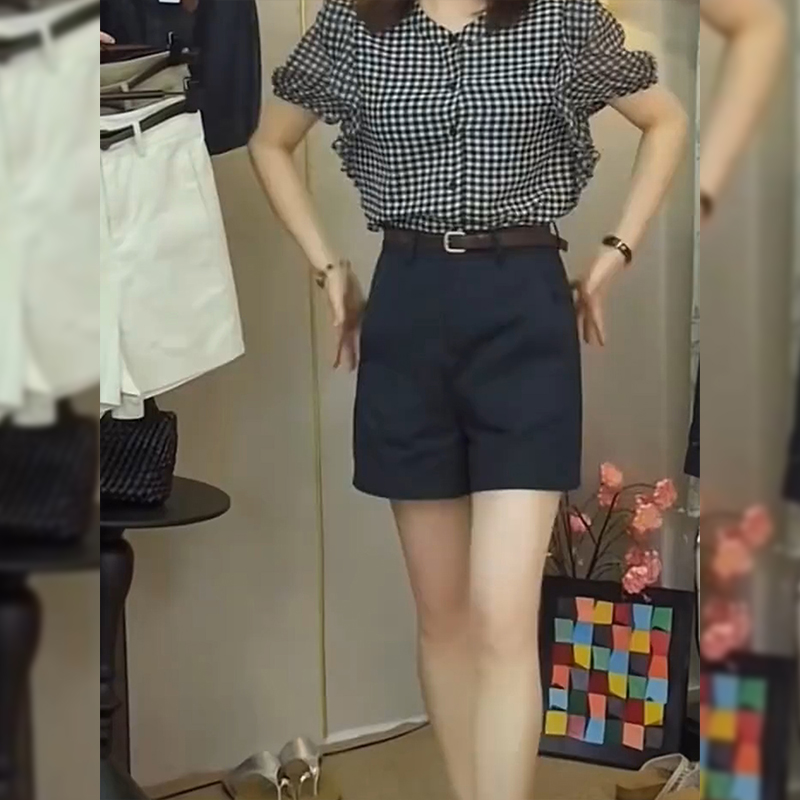 藏青色西装休闲短裤女夏季薄款大码梨形身材宽松显瘦a字阔腿热裤