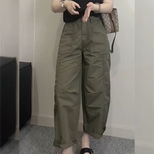 胖mm梨形身材高腰显瘦九分阔腿裤 军绿色休闲直筒裤 大码 女夏季 薄款