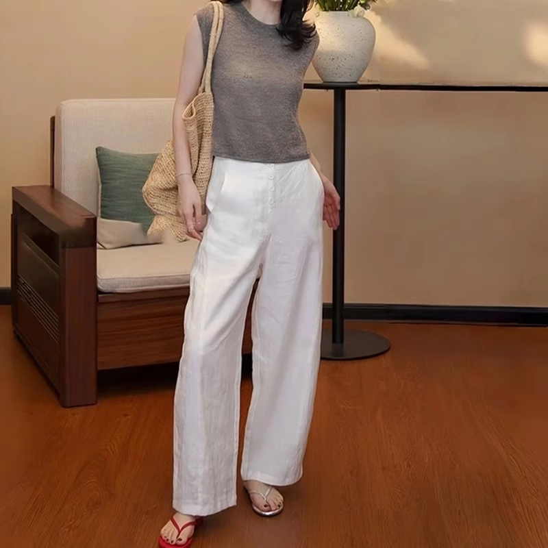 白色亚麻阔腿休闲裤女夏季薄款大码梨形身材宽松显瘦垂感拖地长裤