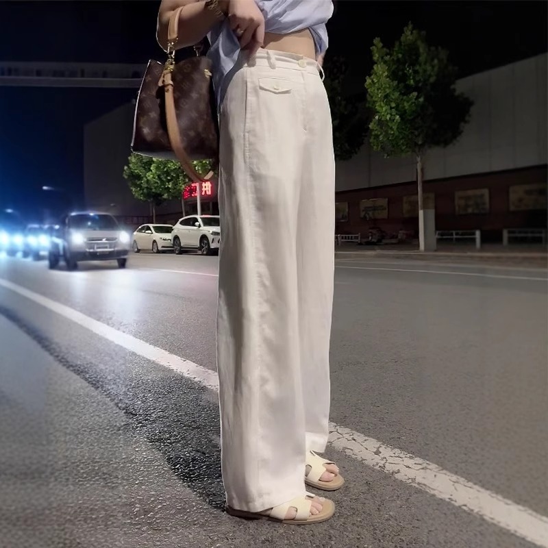 白色亚麻直筒休闲裤女夏季薄款大码梨形身材小个子垂感拖地阔腿裤
