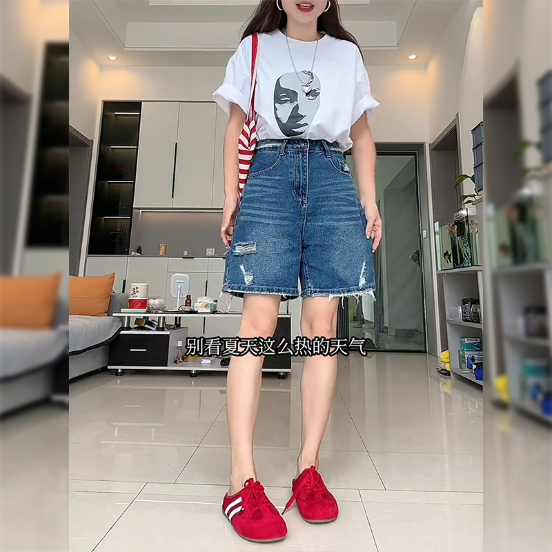 蓝色破洞牛仔短裤女夏季薄款大码梨形身材高腰显瘦a字阔腿五分裤