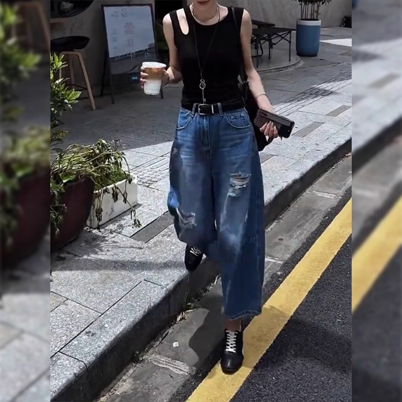 复古破洞牛仔裤2025夏季新款大码梨形身材高腰显瘦九分弯刀阔腿裤