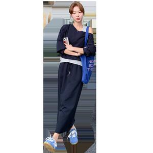 藏青色露肩撞色卫衣套装女2025秋季新款韩版显瘦气质半身裙两件套图片