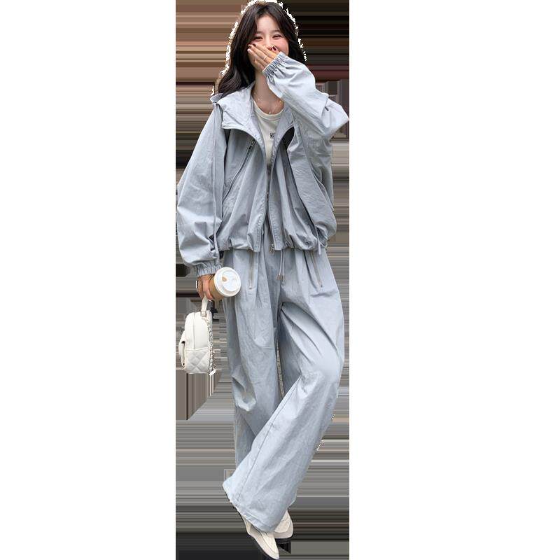 灰色韩系松弛感休闲套装女2025秋季洋气抽绳连帽上衣阔腿裤两件套,女装套装/套裙,浙宝191（原浙宝008）