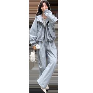 灰色韩系松弛感休闲套装女2025秋季洋气抽绳连帽上衣阔腿裤两件套图片