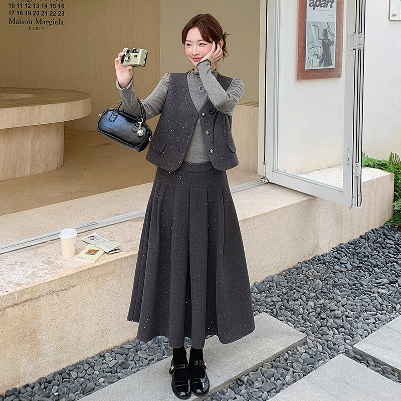 灰色小香风气质马甲套装裙女2025秋季新款设计感半身裙显瘦三件套,女装套装/套裙,浙宝191（原浙宝008）
