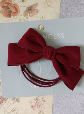 原创韩式少女学生高弹头绳仿皮绒酒红色蝴蝶结扎发橡皮筋发绳发圈