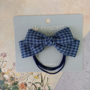 初春新款韩式少女学生高弹多股头绳藏蓝色格子蝴蝶结皮筋发圈发绳