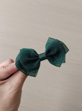 甜美少女学生儿童发夹墨绿色绢纱小蝴蝶结发夹边夹刘海夹发饰品