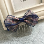 豆妈原创2020新款 韩式 甜美淑女藏蓝绢纱格子蝴蝶结发梳插梳发叉